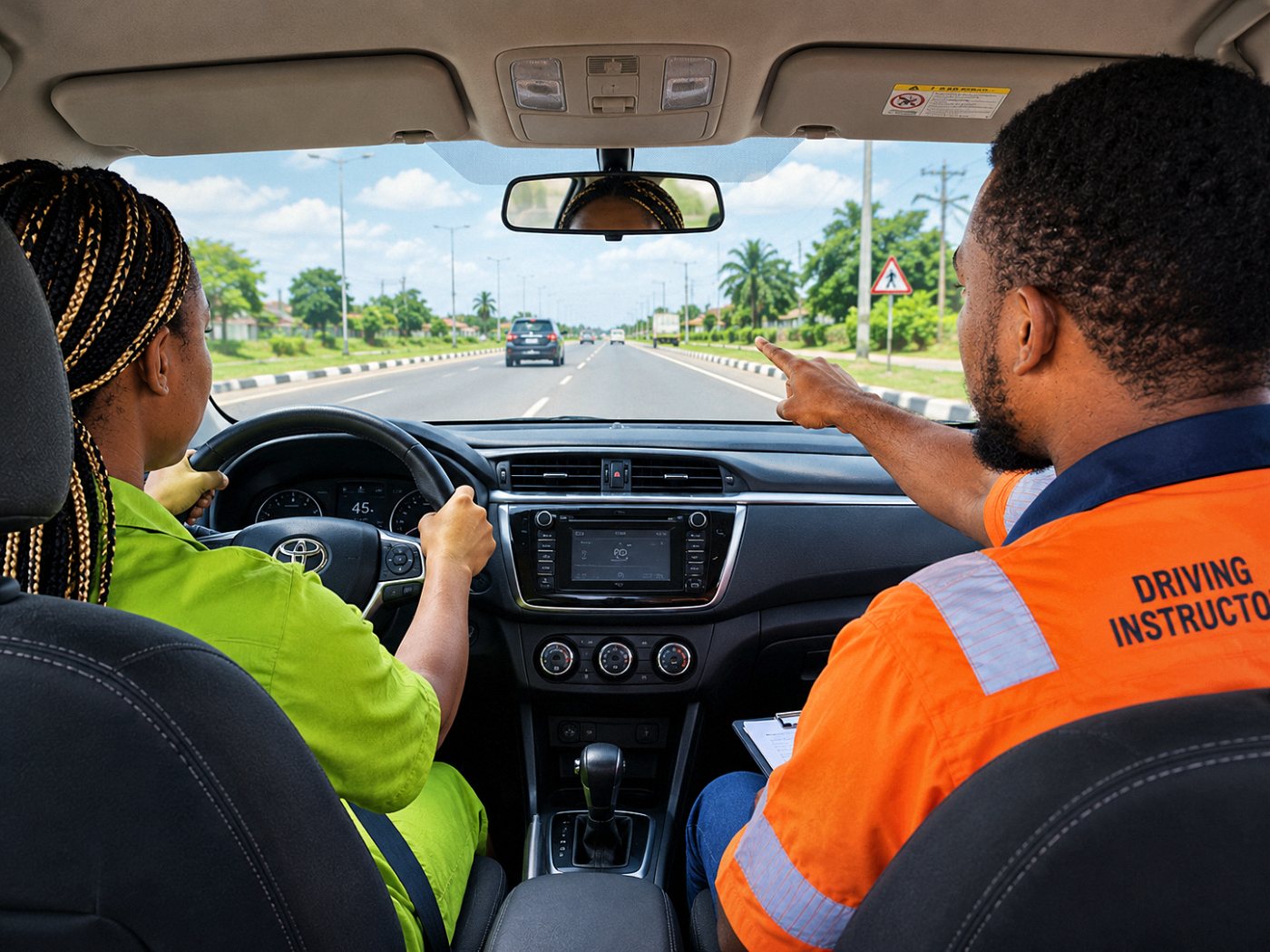Instructor pointing out the road ahead to a student driver