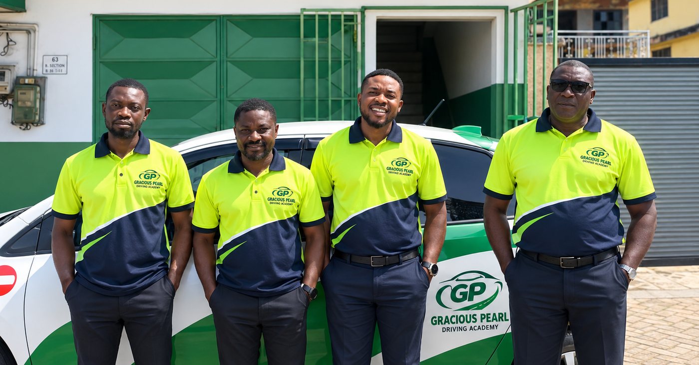 Four Gracious Pearl instructors in uniform beside a training car